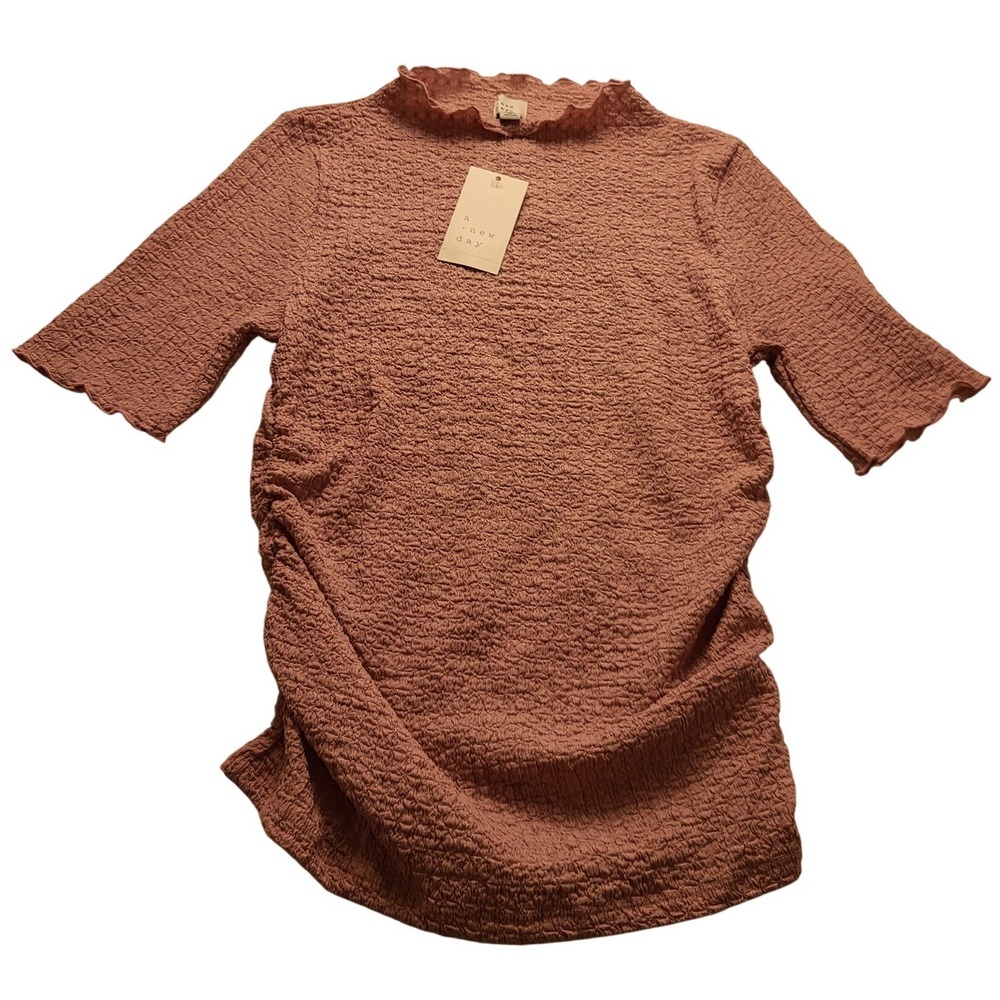 A New Day Pink Textured Mock Neck Short Sleeves Ruched Top Size L Casual NWT